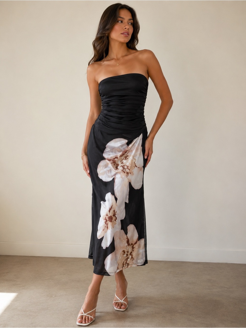 Commense mesh Strapless Black Floral Midi Dress
